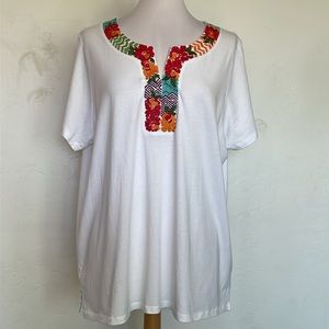 Croft & Barrow White Floral Embroidery Short Sleeve Cotton Blend Blouse Size 2X